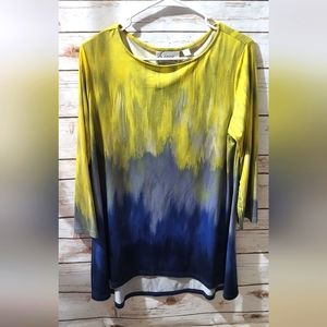 🌸Linea by Louis Dell'Olio size Medium Blouse Tunic HighLow Yellow & blue